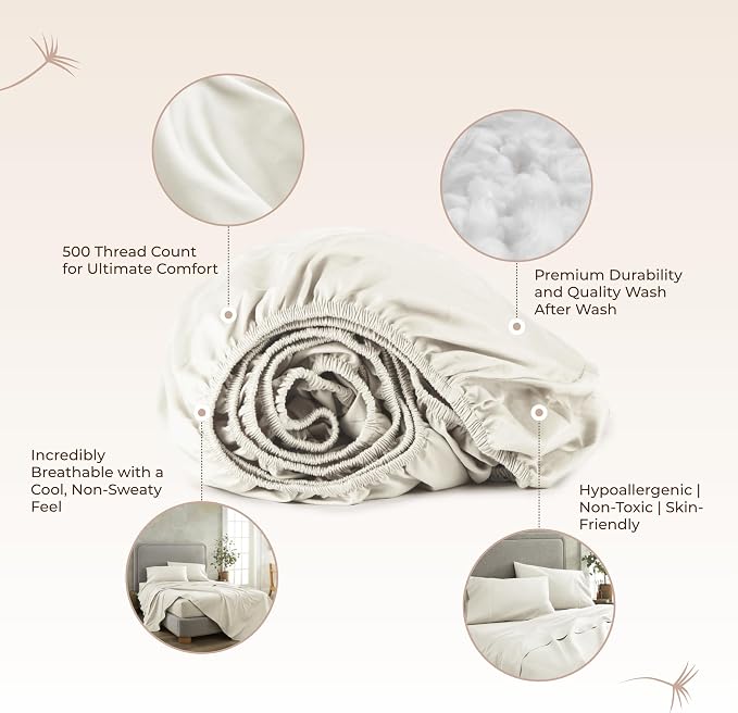Organic King Fitted Sheet Only Deep Pocket - 100% Organic Cotton Sheets with Soft Breathable 500 Thread Count Sateen Weave GOTS & Fairtrade Certified - Fitted Bed Sheets Only (Natural, King)