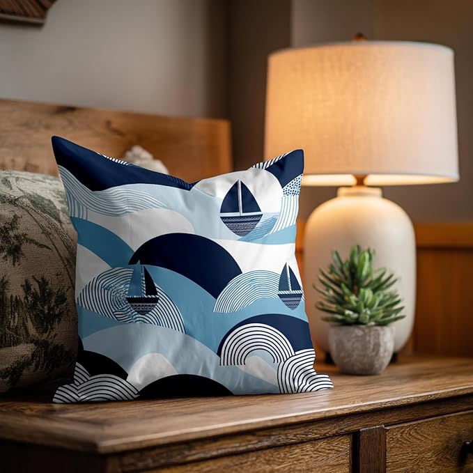 Shrahala Maritime Ocean Waves Decorative Throw Pillow Cover, Sailboat Coastal Vibes Square Pillowcase Blended Double-Sided No Inserts for Bedroom Living Room Set of 2 (26 X 26 in)