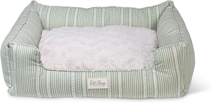 Fringe Studio Block Stripe Dusty SAGE 29" W x 24" D x 9" H Medium Rectangular Cuddler Pet Bed W/Reversible Cushion, 100% Cotton Canvas Exterior, Machine Washable, PetShop Collection (755MD001)