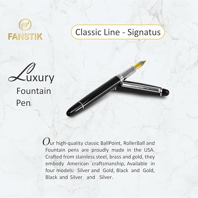 FANSTIK, Customized Fountain pen with name (MADE IN USA), stainless steel, black and silver, luxury engraved pen personalized for men and for women. (Fountain Black-Silver)