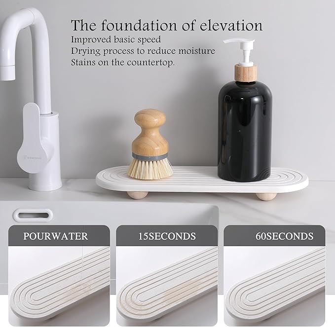 2PCS Water Absorbing Stone Tray for Sink, Quick Drying Diatomite Bathroom Tray Countertop, Stone Drying Mat for Kitchen Counter Faucet, Soap Dish Dispenser Vanity Organizer, White-11.8" x 4"
