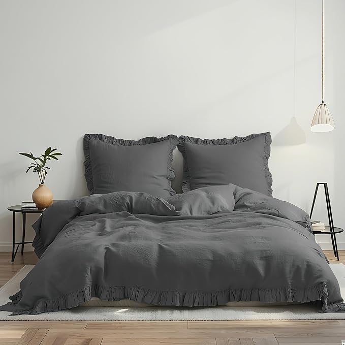Simple&Opulence 100% Linen Duvet Cover Set, 3 PCS Natural French Flax Dark Grey Ruffle Duvet Cover Queen Size, Breathable Comfy Linen Bedding Comforter Cover with 2 Pillowcases (Dark Grey, 88" X 92")