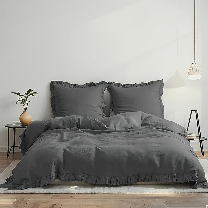 Simple&Opulence 100% Linen Duvet Cover Set, 3 PCS Natural French Flax Dark Grey Ruffle Duvet Cover King Size, Breathable Comfy Linen Bedding Comforter Cover with 2 Pillowcases (Dark Grey, 104" X 92")