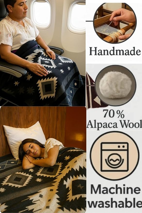 Alpaca Wool Blanket, Queen Size 94 x 78, Reversible 2 in 1, Thick and Ultra Soft, Hypoallergenic, Non-Itchy, Handmade in Ecuador. Premium Alpaca Wool Thtow Blanket for Cozy Comfort. (Blue and Grey)