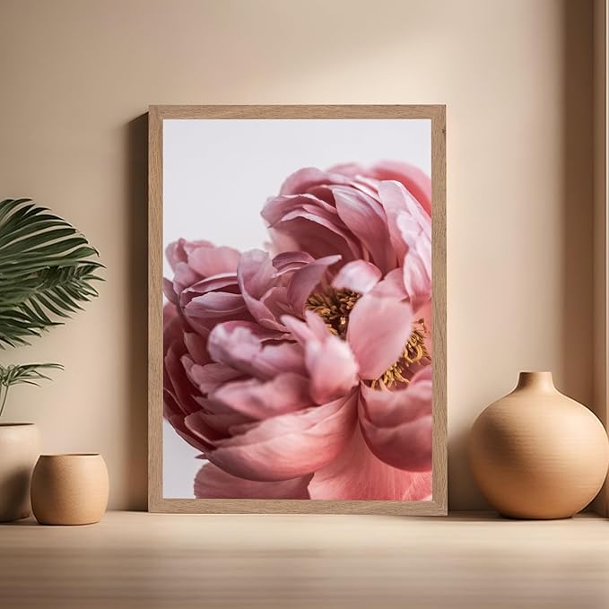 Monem Art Blush Pink Peony Print - Minimalist Floral Photography Poster - Wall Decor for Living Room, Bedroom or Office - 16x20 Beige Framed Wall Art by Mareike Bohmer