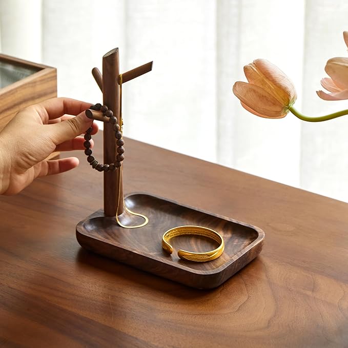 Black Walnut Solid Wood Key Dish Bowl for Entryway Table Square Tray With 3 Hooks, Open Storage for Keys, Wallet, Jewelry (Walnut, small)