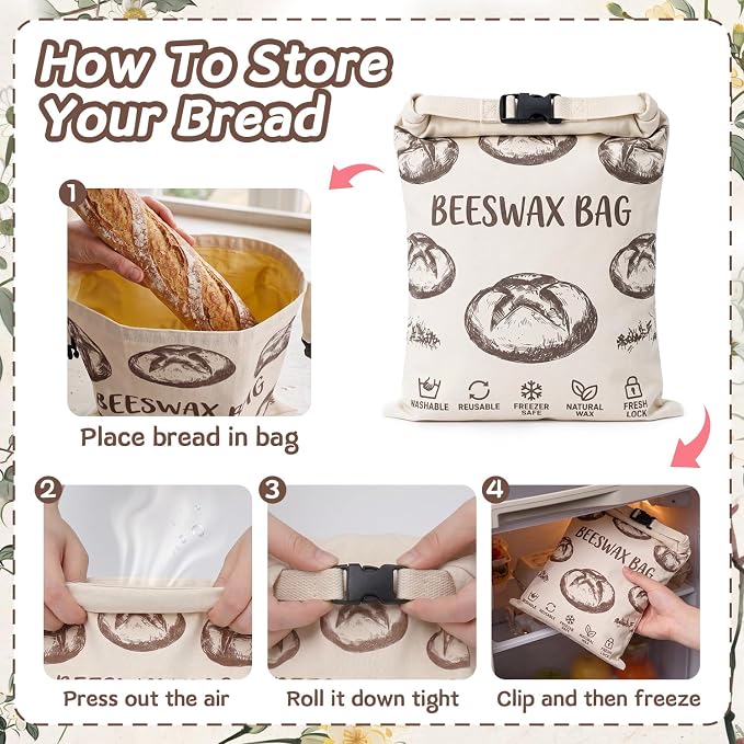 3 Pack Beeswax Bread Bags 17"x13" & 10" Bowl Cover Set, Reusable Organic Linen Bread Storage Bag for Sourdough Homemade Bread, Freezer Safe Zero Waste Eco-Friendly Food Wrap Set for Baking and Storage