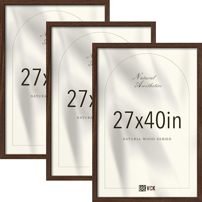 VCK 27x40 Poster Frame 3 Pack - Brown Solid Wood Picture Frames, Exclusive Wood Grain Picture Frames, Wall Hanging