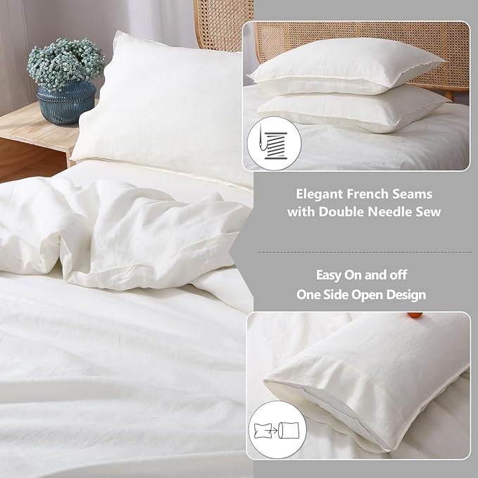 S VICTORY SYMBOL 100% Organic Linen Duvet Cover Set,Stone Washed French Flax Bedding Set,Comforter Cover with Button Closure 2 Pieces(Creamy-White,Twin Size) Soft Breathable
