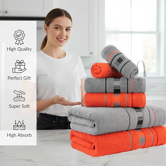 CASA COPENHAGEN X Line 6Pcs 100% Egyptian Cotton Large Designer Towels Gift Set- Grey - Red, 600 GSM, 2Bath 2Hand 2Washcloths, Bath Towels for Bathroom Set for Women & Men