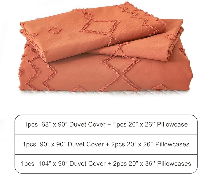 EMME Boho Duvet Cover Twin Size Pumpkin - 2 Pieces Soft & Breathable Tufted Boho Shabby Chic Embroidery Bedding Set for All Seasons, 1 Duvet Cover with 1 Pillow Shams & Zipper Closure (Pumpkin, Twin)