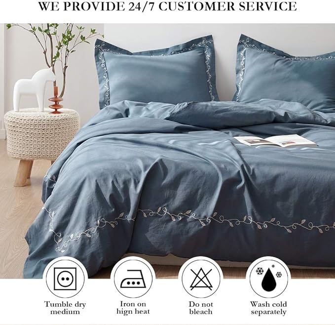 BISELINA French Linen Duvet Cover Set 3pcs Embroidered Willow Leaf 55% Flax 45% Cotton Blend Soft Breathable Luxury Bedding (King, Embroidery Navy Blue)