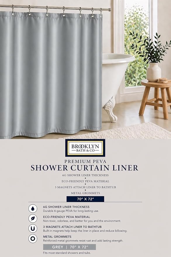 Home Expressions Premium 6 Guage PEVA Shower Curtain Liner - PVC Free Magnetized Bottom Odorless with Rustproof Grommets 70"x72" (Grey)