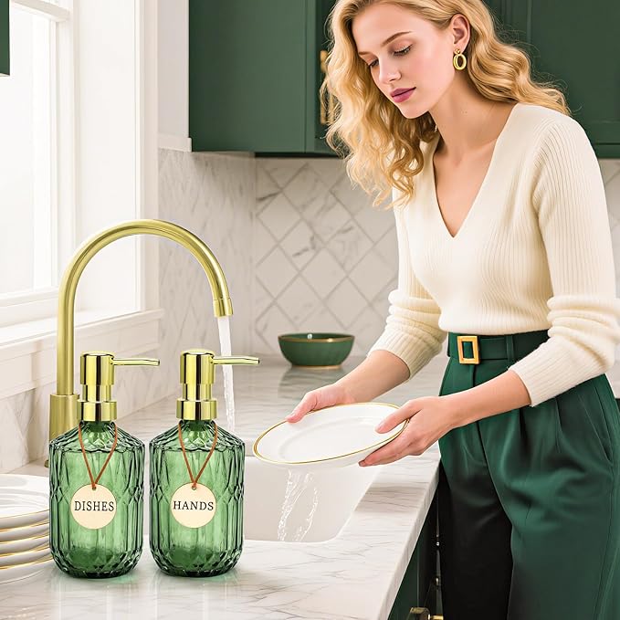 Green Glass Soap Dispenser (15.4 Oz, 2 Pack), Kitchen Hand and Dish Soap Dispenser Set with Golden Rust Proof Pump, Vintage Bathroom Hand Soap Lotion Dispensers