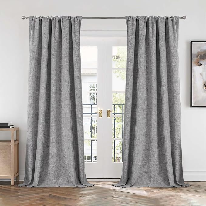 CUCRAF Linen 100% Blackout Curtains 84 Inch Length 2 Panels Set, Back Tab and Rod Pocket Curtain for Living Room Bedroom, Room Darkening Window Drapes Thermal Insulated, (52x84 inch, Light Grey)