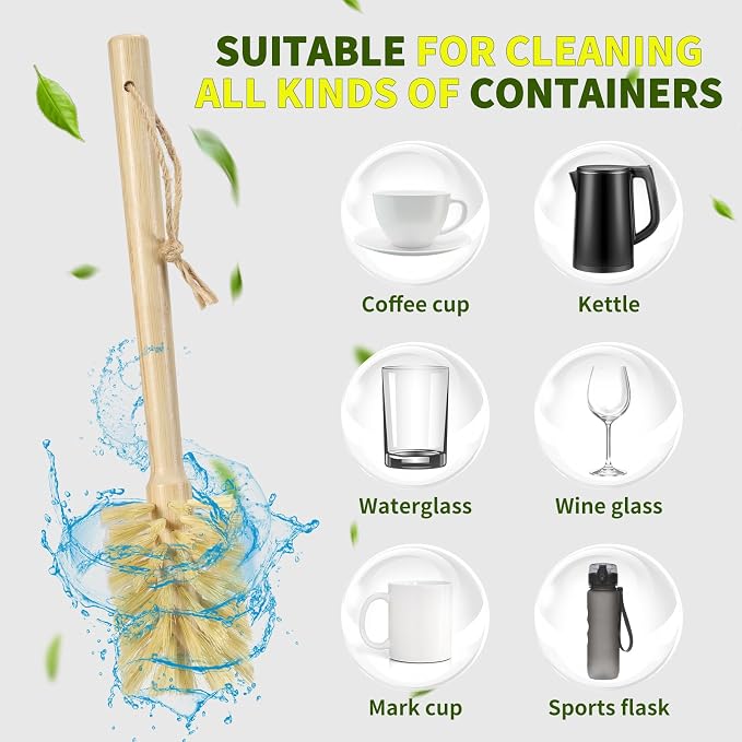 SAMEBUTECO Natural Bamboo Cup Cleaning Brush Set of 2 – 11.5 Inch Sisal Bristle Bottle Brush with Flat Head Design, Wooden Handle with Hanging Hole & Rope for Cups, Mugs, Glasses, Water Bottles