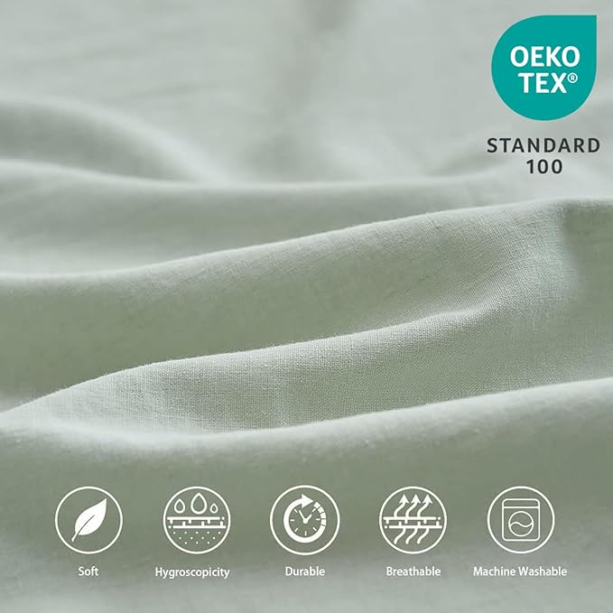 BISELINA Linen Sheet French Flax Flat Sheet Only 55% Euro Linen 45% Cotton Basic Style Solid Color Soft Breathable Farmhouse Top Sheet 1-Piece (Queen, Mint Green)
