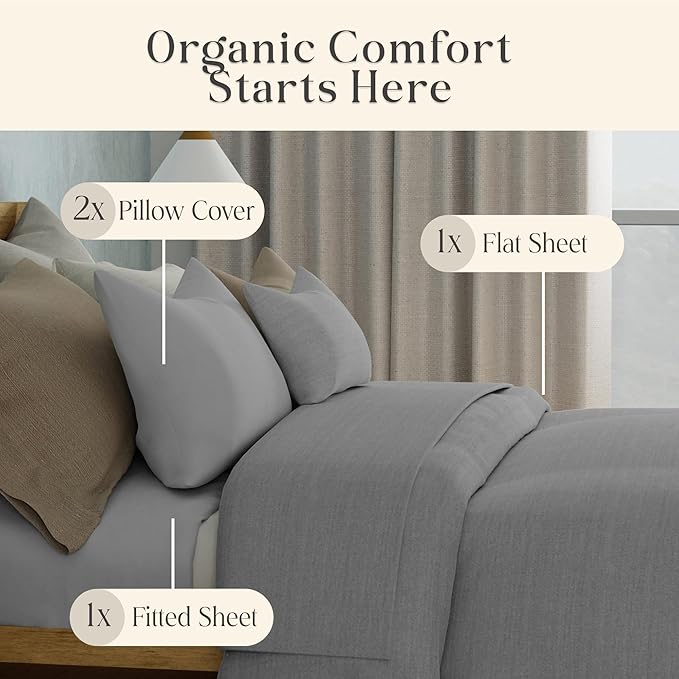 Delilah Home 100% Organic Cotton King Flat Sheet Set, GOTS & Vegan.org Verified, Long Stem 300 TC Sateen Bedding, Non-Synthetic, Deep Pocket Fitted Linen, Lightweight, All-Season, 4 Piece Set - Grey