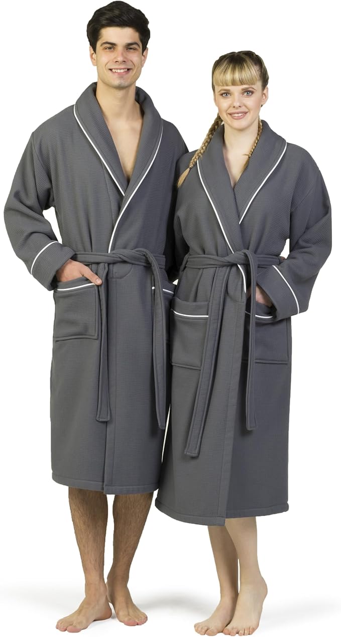 Luxury Turkish Cotton Bathrobe for Women & Men, Waffle Terry Shawl Collar Spa Robe with Satin Trim & Pockets