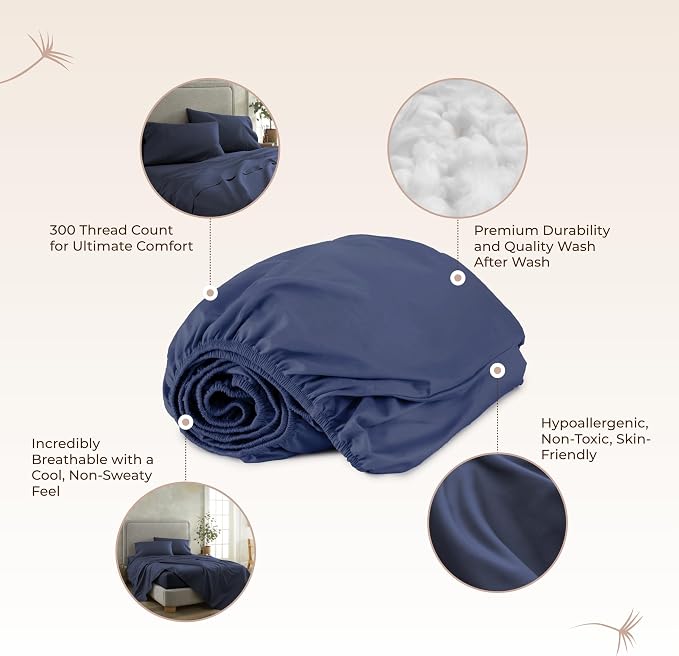 Organic King Fitted Sheet Only Deep Pocket - 100% Organic Cotton Sheets with Breathable 300 Thread Count Sateen Weave GOTS & Fairtrade Certified - Soft Fitted Bed Sheets Only (Navy, King)