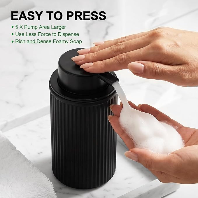 KASUNTING Matte Black Foaming Soap Dispenser, Ribbed Glass Foam Hand Soap Dispenser for Bathroom, 11 Fl Oz Refillable Foaming Bottle with Black Pump, Modern Dish Soap Foam Dispenser
