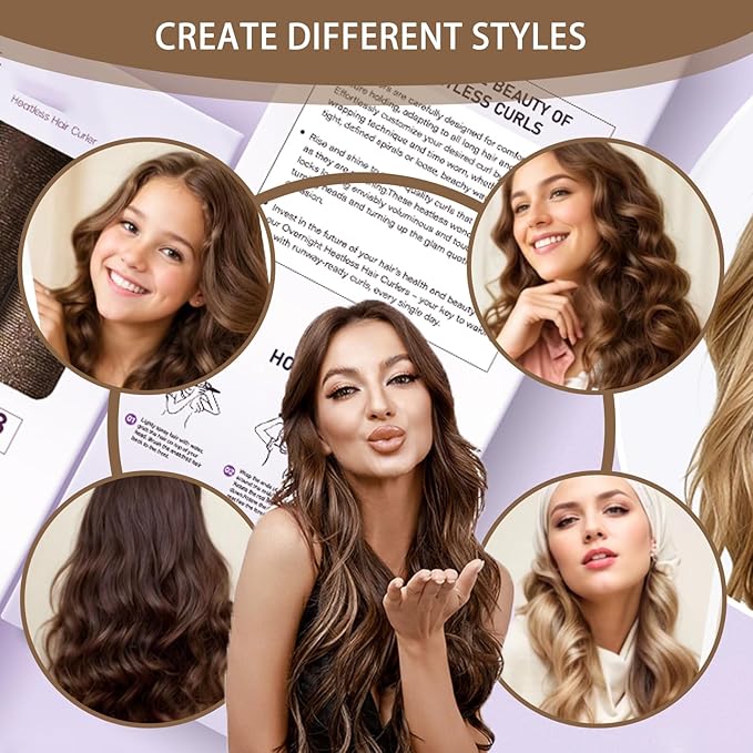 Heatless Curls Overnight Hair Curlers - 4 Pcs No-Heat Curling Rod to Sleep In and Shower Cap,Velvet Hair Rollers with Satin Wrap