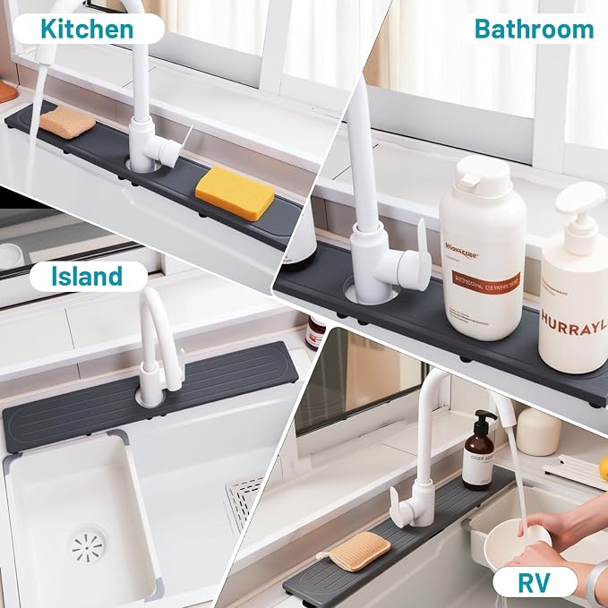 Faucet Mat for Kitchen Sink with Raised Feet, Fast Drying Diatomite Stone Sink Tray, Water Absorbent Faucet & Sink Splash Guard, Prevents Moisture Buildup, Durable Protector for Bathroom Counter