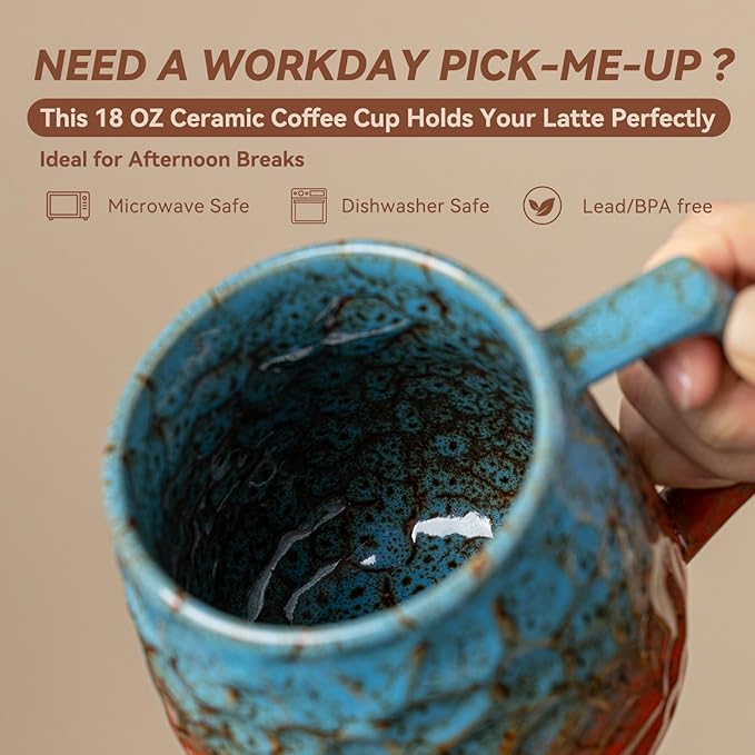 18oz Unique Blue & Orange Kiln-Change Ceramic Coffee Mug, Handcrafted Hammered Texture Ceramic Mug with Ergonomic Handle, Microwave & Dishwasher Safe, Gift for Coffee Lovers, Home Office Daily Use