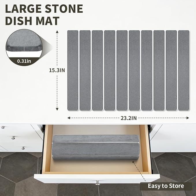 2 PCS Gray Large Stone Dish Drying Mat for Kitchen Counter,diatomaceous earth drying mat kitchen，stone dish drying mat，folding marble dry dishes for Dishes, Cups and Utensils（20"×14" & 8"x4"），