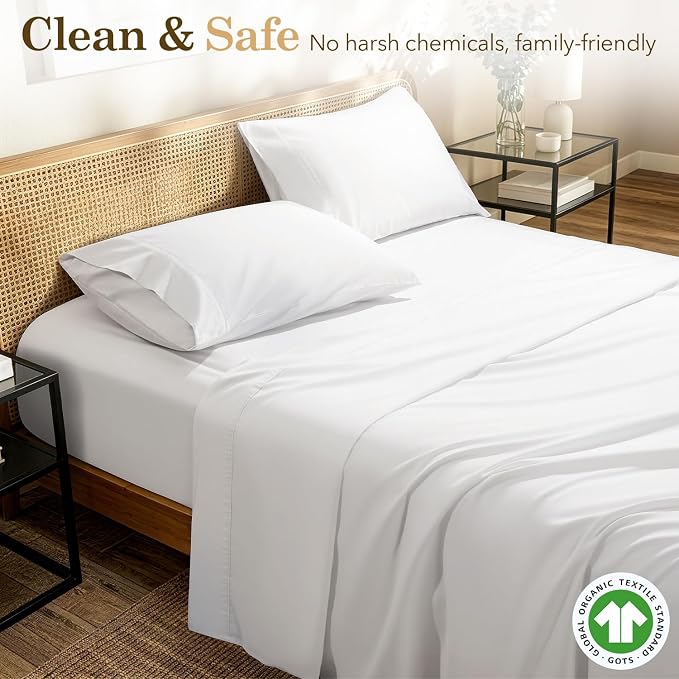SONORO KATE 100% Organic Cotton Sheets Set - 600 Thread Count, GOTS Certified Cotton Bed Sheets, Soft, Breathable & Silky Sateen Weave Sheets, 16" Deep Pockets - 4 PC (White,Queen)