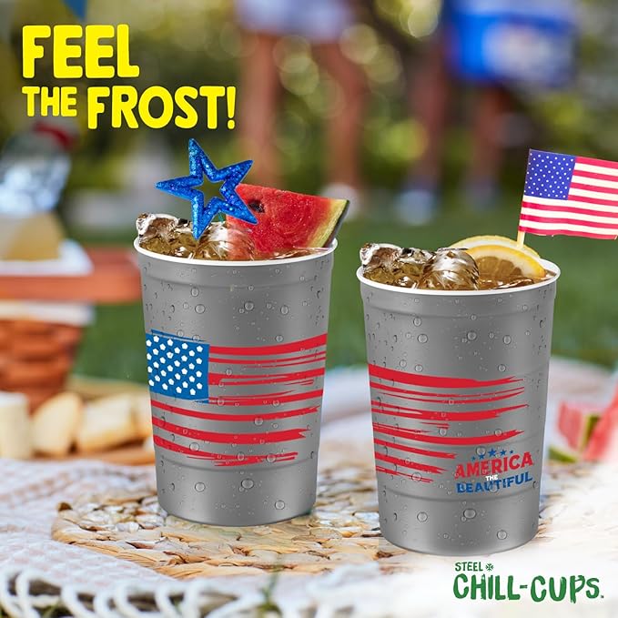 Steel Chill Cups 16 oz. Party Cup America the Beautiful Design for Cold Drinks, Durable, Disposable, Recyclable, Made in USA, Gray, 12 Count