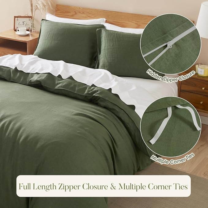 DAPU 100% Linen Olive Green Duvet Cover Set - Pure Natural French Flax Linen with Corner Ties and Zipper Closure Soft Breathable Durable for Hot Sleepers 1 Duvet Cover 2 Pillowcases (King)