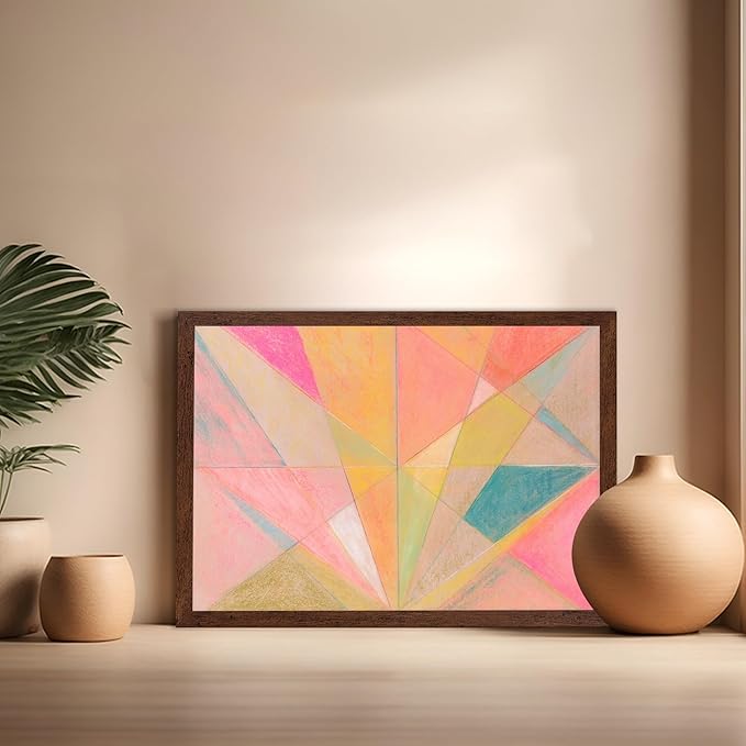 Monem Art Colorful Geometric Abstract Painting Print - Pastel Art Deco Style Art Poster - Wall Decor for Living Room, Bedroom or Office - 16x20 Brown Framed Wall Art by Renee Stramel