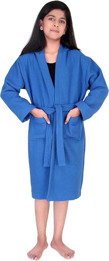 ALLEN & MATE 100% Cotton Waffle Terry Towel Hooded Kids Bathrobe – Soft Absorbent Medium Weight Swim Robe for Boys & Girls