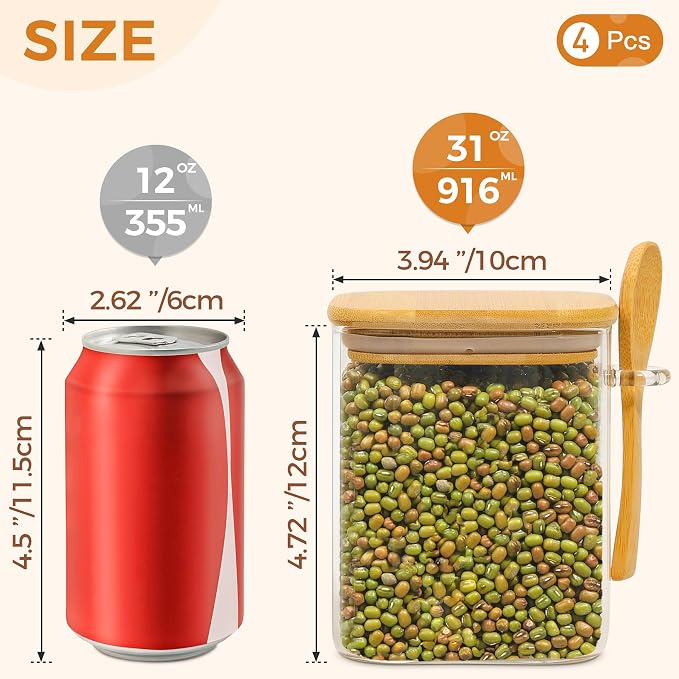 ComSaf Airtight Glass Storage Canister with Bamboo Lid (22oz/37oz/50oz) Set of 6, 31oz Glass Jars with Bamboo Lids & Spoons Set of 4, Pantry Storage Jar for Flour Cereal Sugar Tea Coffee Beans Snacks