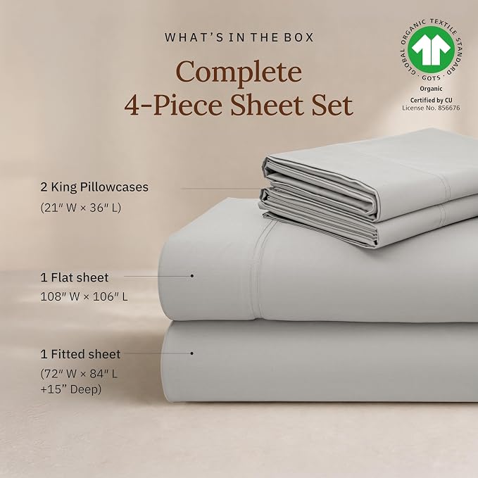 California Design Den California King Sheets Set - 100% Organic Cotton, Soft and Lightweight Sateen, Deep Pockets, Durable Bedding - Light Grey