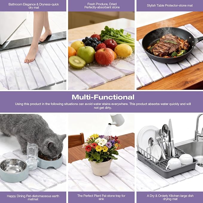 Elegant Grey Marble Drying Mat, Collapsible & Extra Large Absorbent Diatomite Stone Tray for Kitchen Counter, Quick Dry Dish Drying Pad for Dishes, Cups, Pots & Utensils 24”x16”
