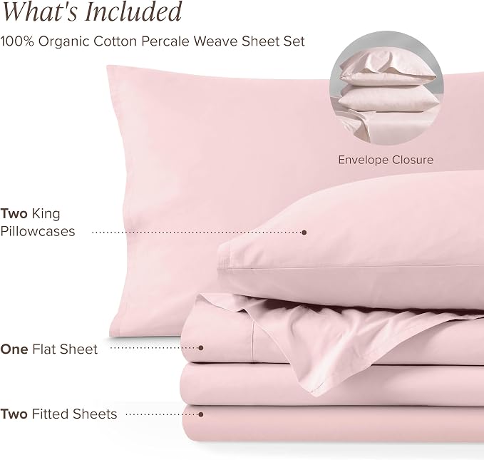 Bare Home 100% Organic Cotton Split King Sheet Set - Crisp Percale Weave - Lightweight & Breathable - Bedding Sheets & Pillowcases (Split King, Dusty Pink)