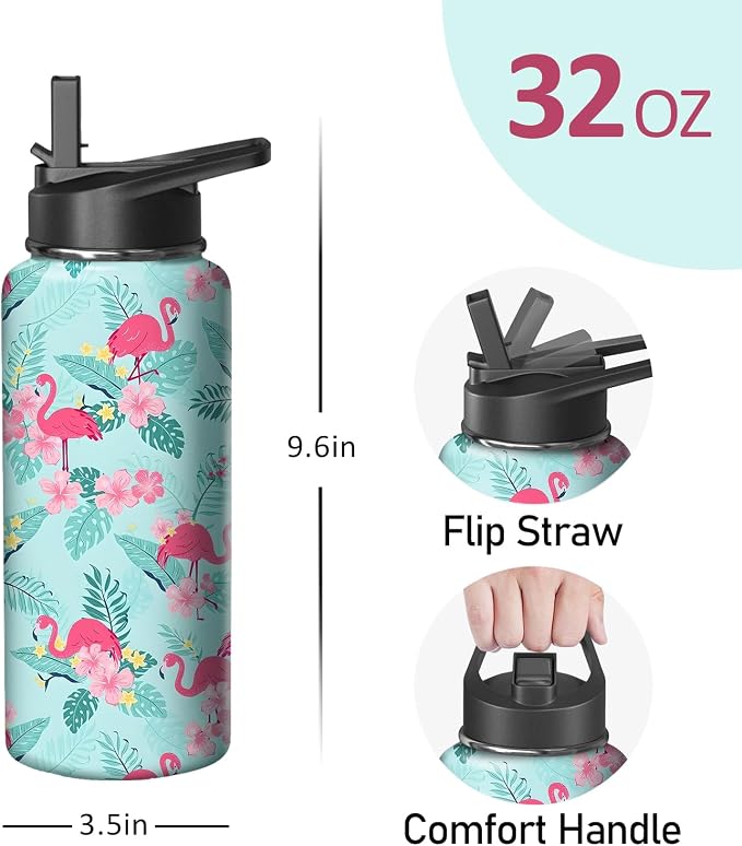 32oz Flamingo Water Bottle with Handle and Flip Straw, Animal Sports Stainless Steel Insulated Cup Travel Coffee Mug Tumbler, Birthday Mothers Day Chritmas Gifts for Women