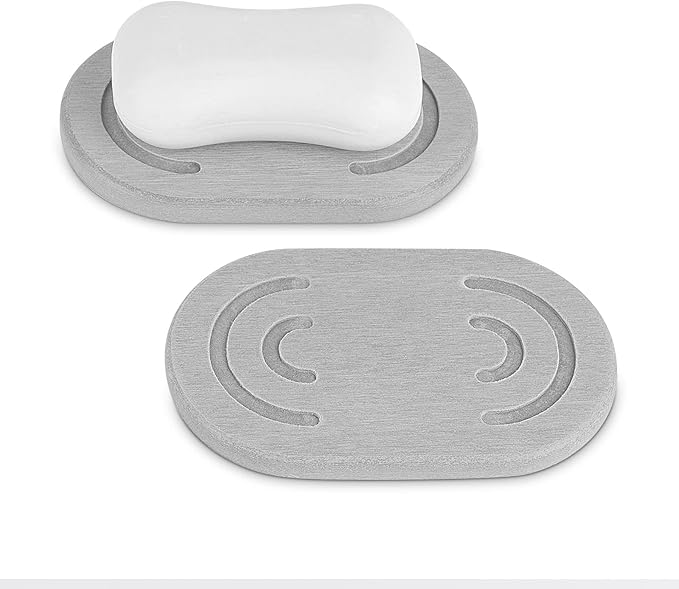Adorila 2 Pack Diatomite Soap Dish, Water Absorbent Soap Bar Holder Mat, Self-Dry Soap Saver Container for Bathroom (Grey)