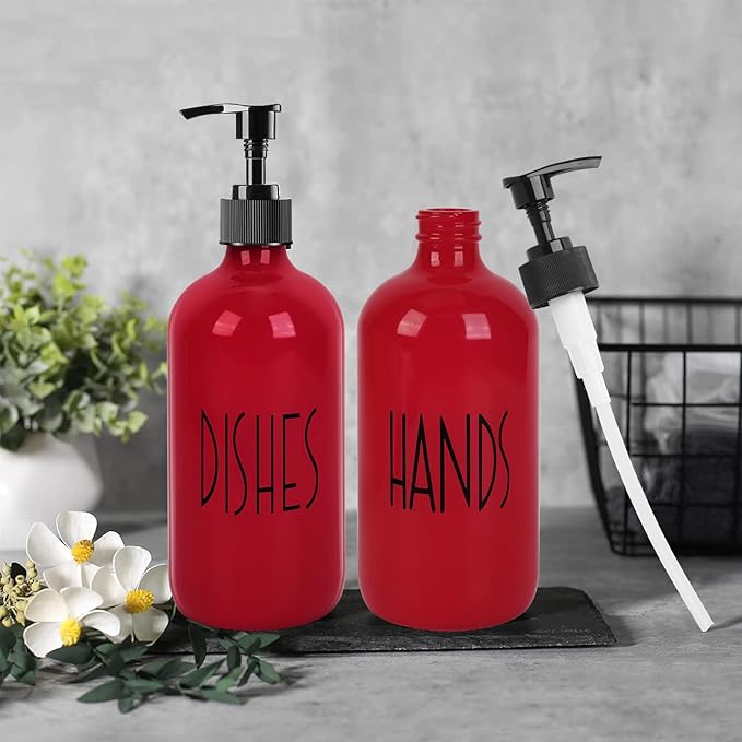 Dish Soap Dispenser for Kitchen - 16 OZ Glass Hand Soap Dispenser Set - Kitchen Bathroom Decor and Accessories (Red)