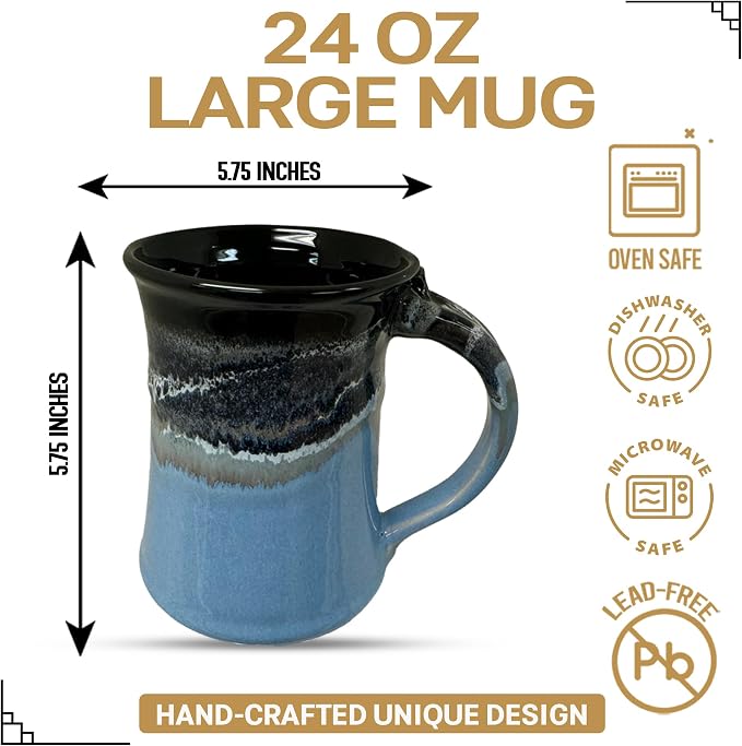 Clay in Motion Handmade Ceramic Mug 24 oz, Large Coffee Mug, Hand Painted Stoneware, Dishwasher Microwave & Oven Safe, Lead-Free, Made in USA Since 1981 (Pacific Chill)