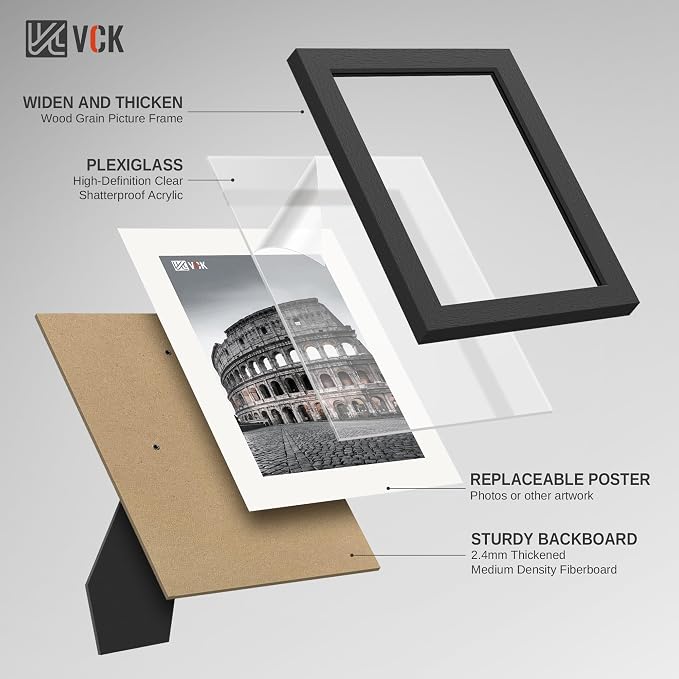 VCK 5x7 Picture Frame Black - 4 Pack, Gallery-Quality Wood Poster Frames, 1.1-Inch Wide Border, Polished Plexiglass, Vertical or Horizontal Wall & Tabletop