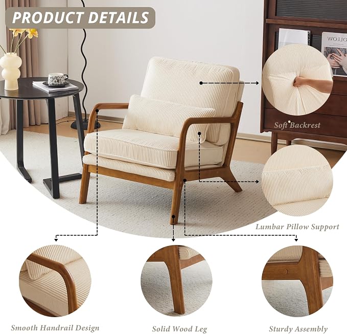 Karl home Mid-Century Modern Accent Reading Chair, Beige | Corduroy Upholstered, Solid Wood Frame, Soft Cushion, Lumbar Pillow, Lounge Armchair for Living Room, Bedroom, Balcony, Study
