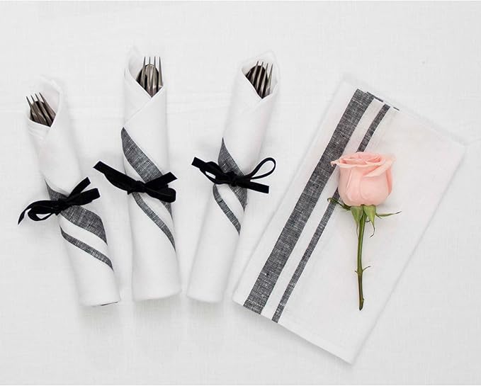 Solino Home Linen Dinner Napkins 20 x 20 Inch - 100% Pure Linen French Stripe Black and White Napkins Set of 4 for Summer