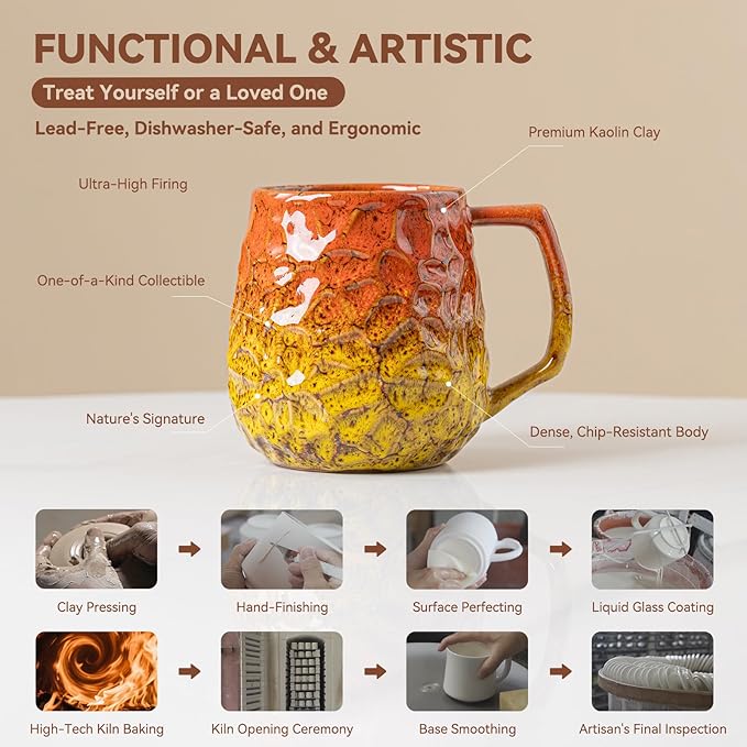 18oz Unique Orange & Yellow Kiln-Change Ceramic Coffee Mug, Handcrafted Hammered Texture Ceramic Mug with Ergonomic Handle, Microwave & Dishwasher Safe, Gift for Coffee Lovers, Home Office Daily Use