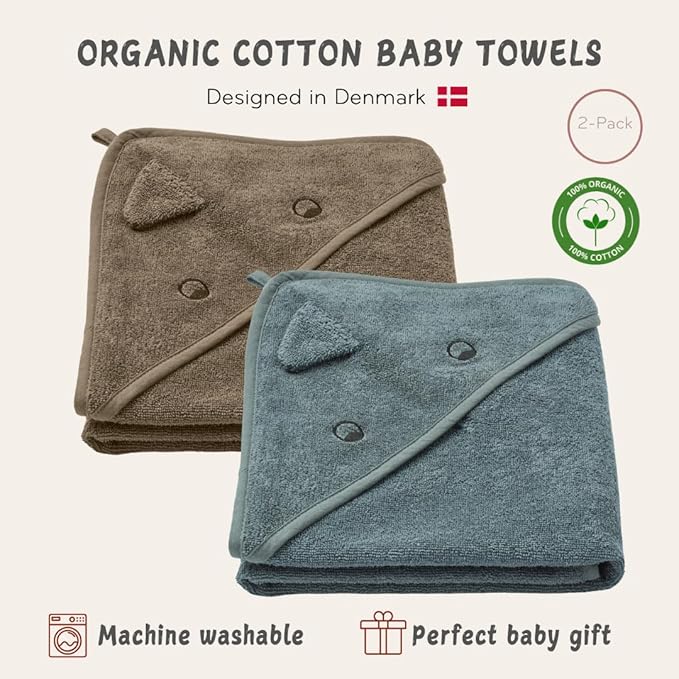 Hooded Baby Towels – 100% Organic Cotton Baby Bath Towels – Baby Boy Newborn Essentials - Super-Soft and Absorbent. (2-Pack Dino Tradewins and Moss Green)