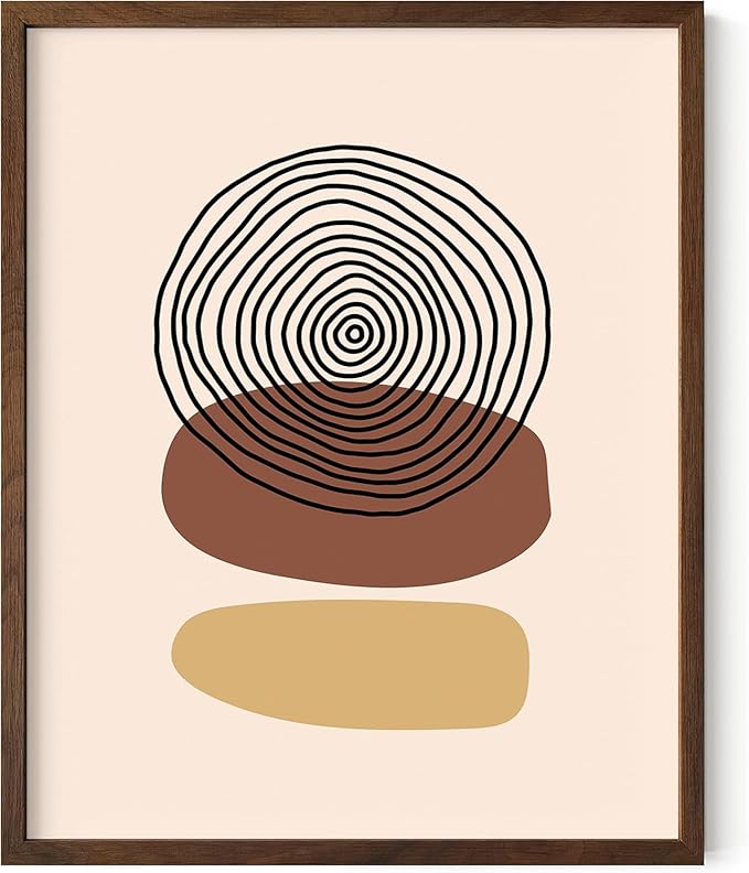 Boho Abstract Wall Art Minimalist Stacked Stones Circles Earth Tones Terracotta Mid Century Modern 8x10 Inch Oak Wood Walnut Framed Zen Meditation Print for Living Room Office Decor