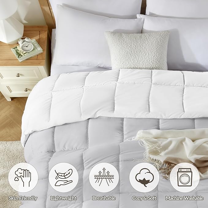 Homelike Moment Comforters Queen Size - Grey Duvet Insert Down Alternative Bed Queen Comforter, Lightweight Bedding Comforter Full Size Quilted Soft All Season Reversible White/Light Gray