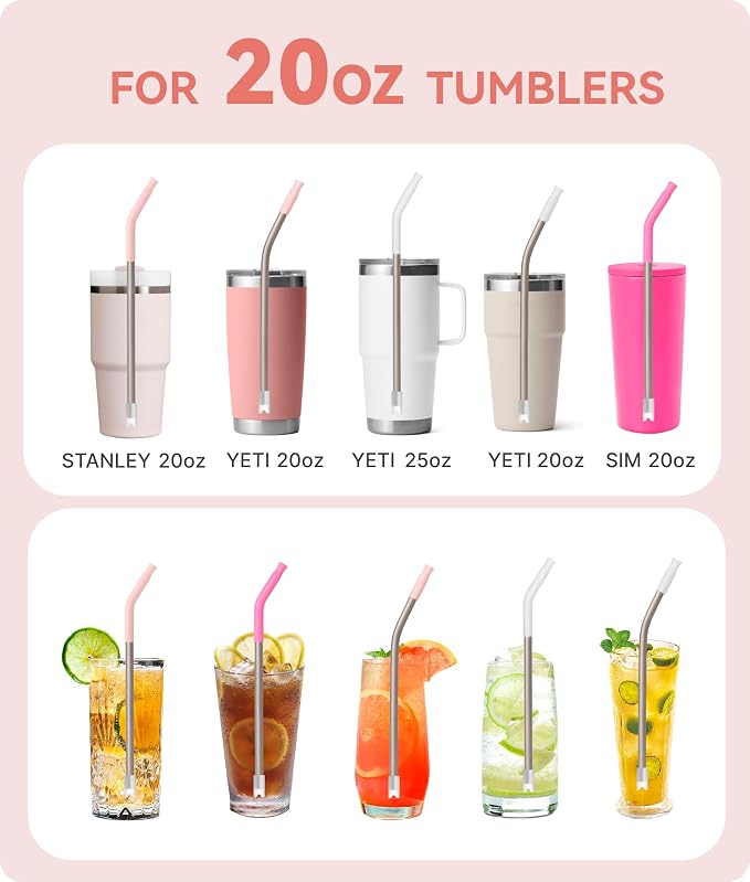 Heavy - Duty Titanium Straws 8.5" Reusable for 20 oz Tumlbers | Metal Drinking Straws for All Kinds of Hot & Cold Drinks, Eco Conscious, BPA Free with Cleaning Brush(Light Pink)